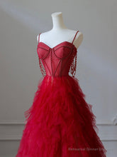 A-Line Sweetheart Neck Tulle Beads Burgundy Long Prom Dress, Burgundy Evening Dress